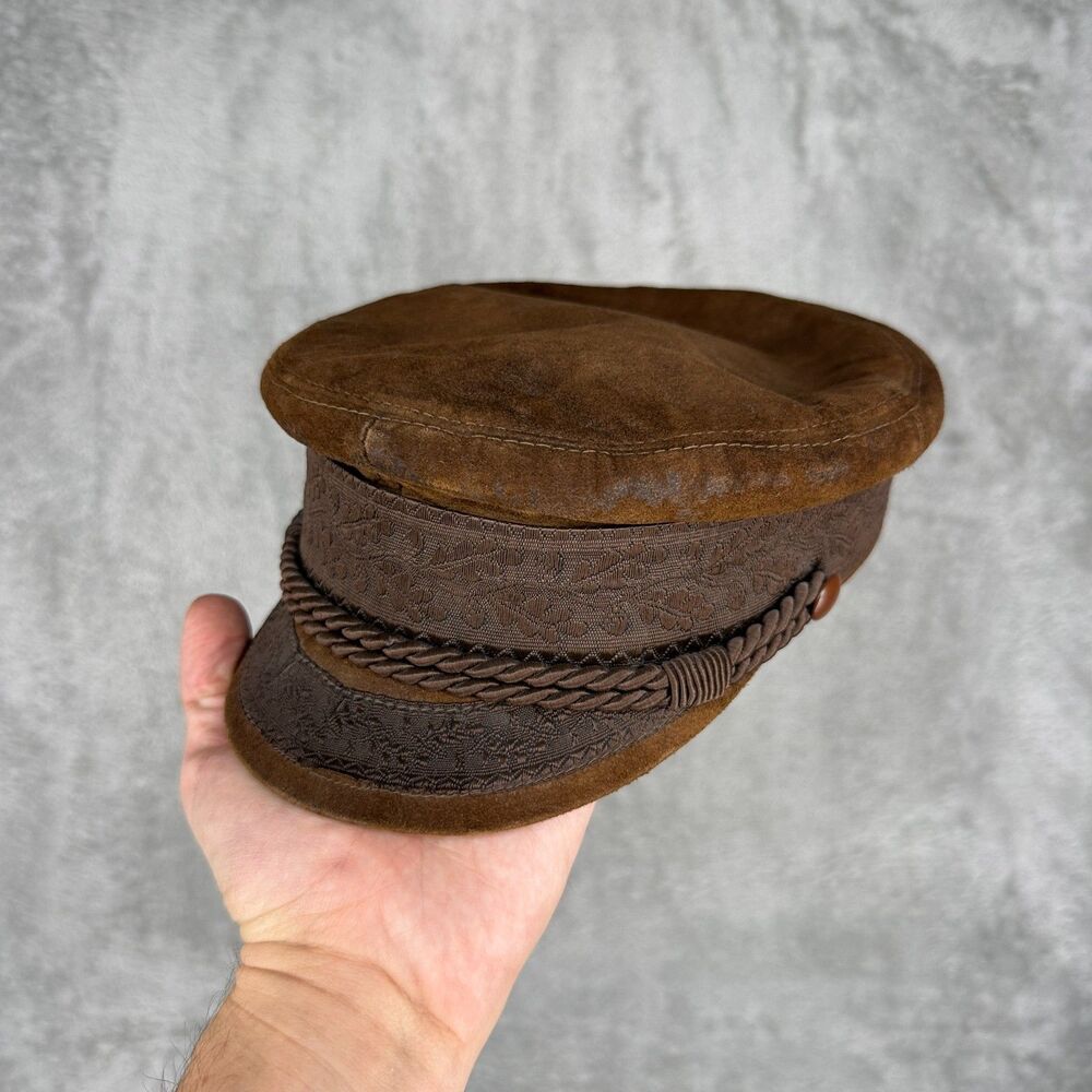 Vtg 60s Echte Prinz Heinrich Mutze Sailor Cap Size 7 Brown Leather Embroidered